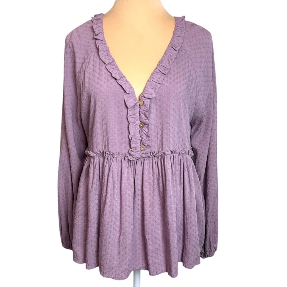 NWOT Altar’d State Lavender Ruffled Peasant Blouse Boho Peplum Top Large